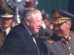 Augusto Pinochet is received warmly by the Chilean military upon his return from arrest in Europe. in The Pinochet Case